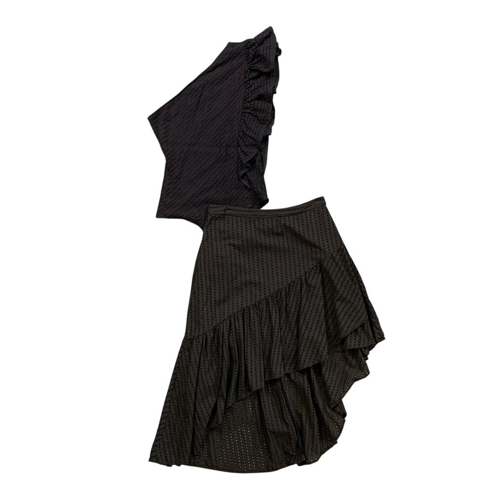 BCBGMaxazria Bodysuit Skirt Set Womens M Medium‎ Black Asymmetrical Ruffle 2 Pc